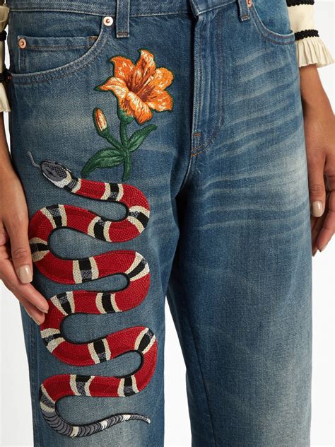 gucci snake pants green|Gucci snake embroidered jeans.